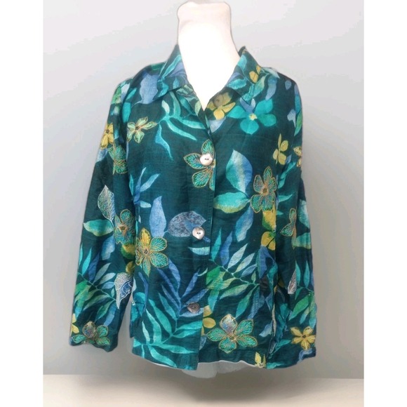 Chico's Tops - chicos tops size 2 L Jacket Dress Button Shirt 100% Silk Floral Embroidery Blue
